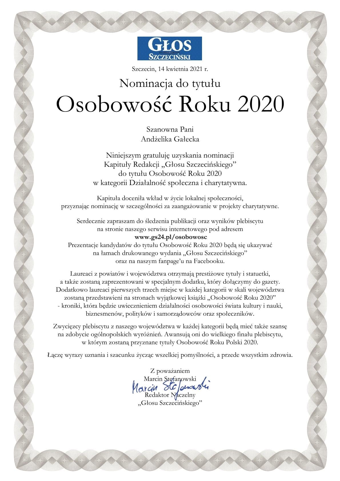 Andżelika Gałecka otrzymała nominację do tytułu Osobowość Roku 2020