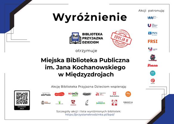 Wyróżnienie międzyzdrojskiej biblioteki w akcji „Biblioteka Przyjazna Dzieciom” 2023 r.