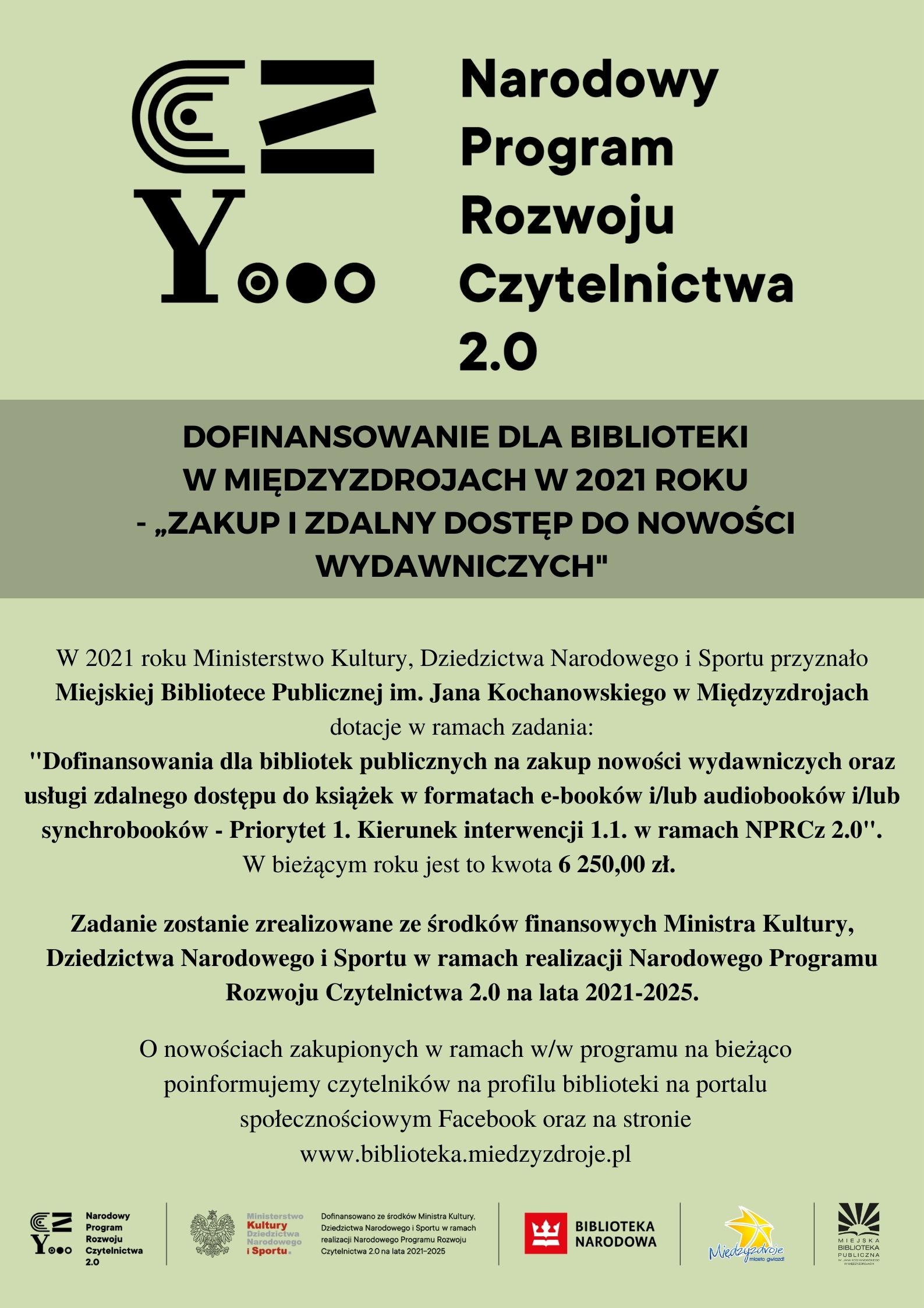 Dofinansowanie dla Biblioteki w Międzyzdrojach w 2021 roku - „Zakup i zdalny dostęp do nowości wydawniczych” 6 250,00 zł